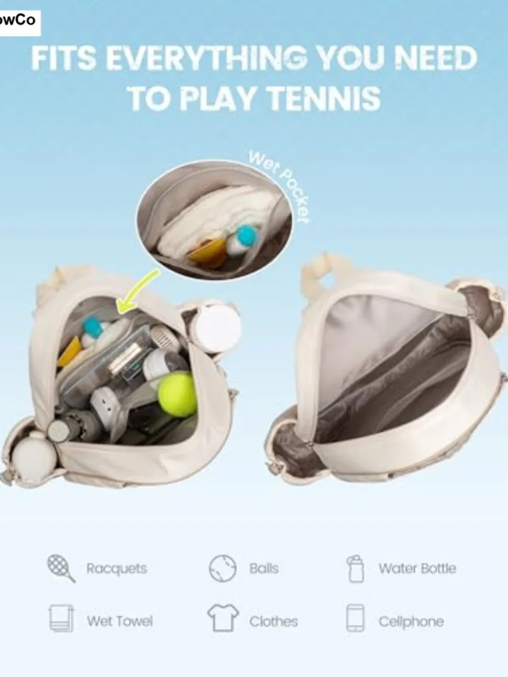 Quilted Tennis Racket Backpack Water-Resistant Polyester with Wet Compartment